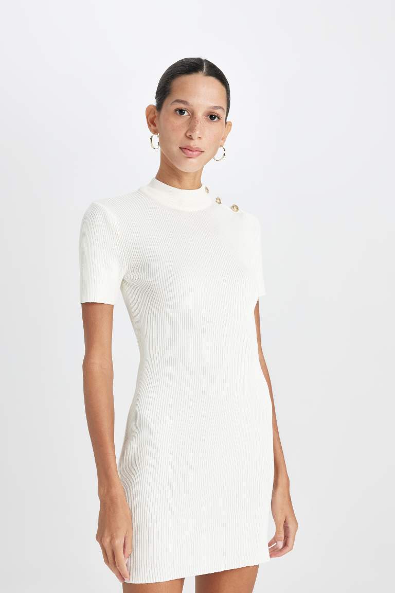 Fitted Half Turtleneck Basic Ribbed White Mini Dress