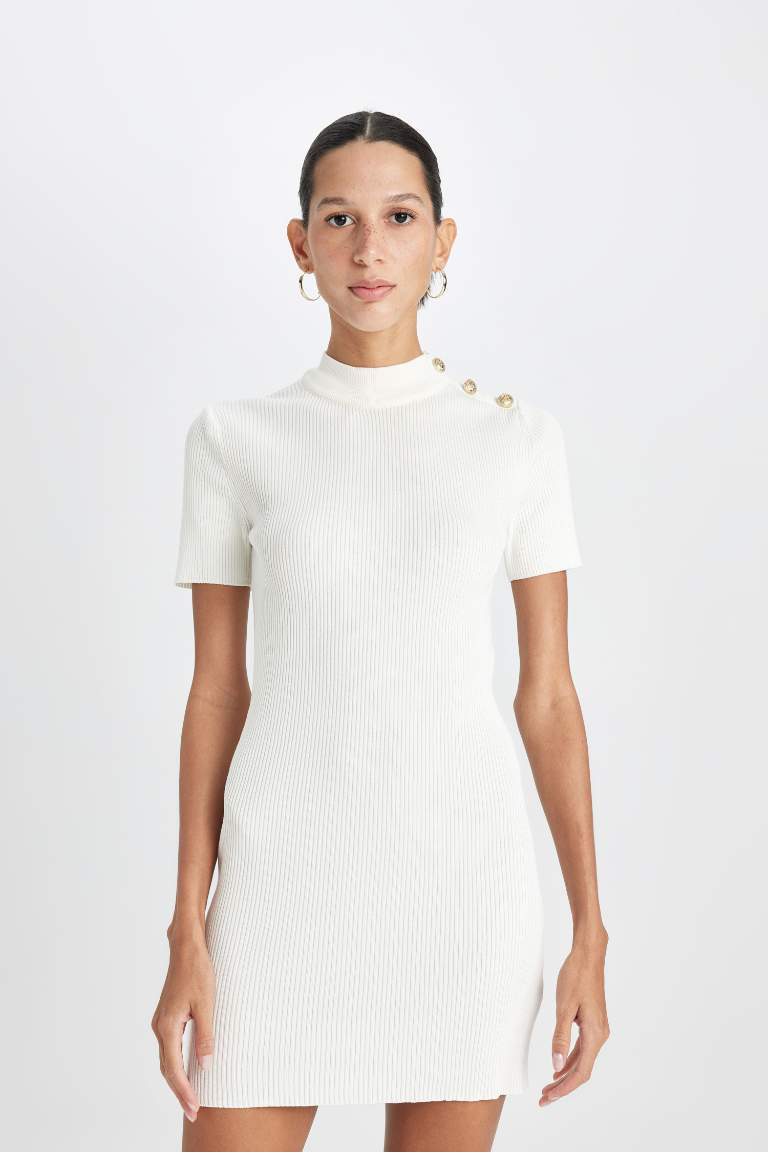 Fitted Half Turtleneck Basic Ribbed White Mini Dress