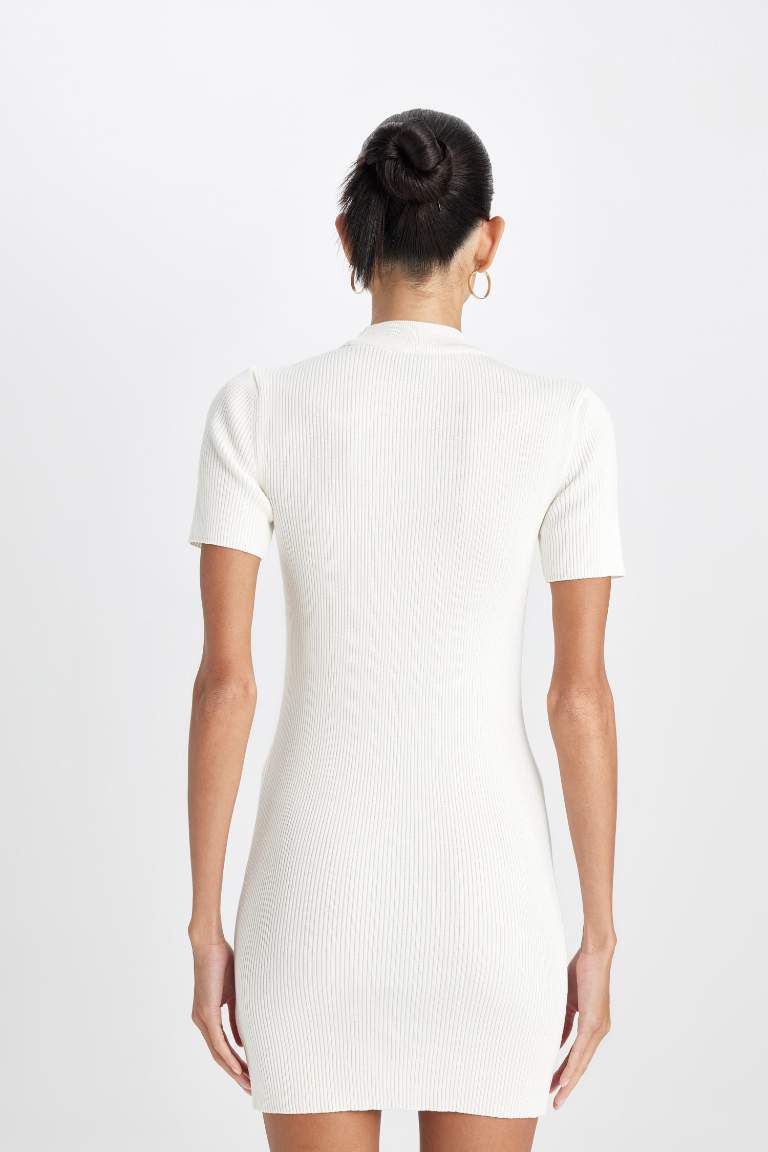 Fitted Half Turtleneck Basic Ribbed White Mini Dress