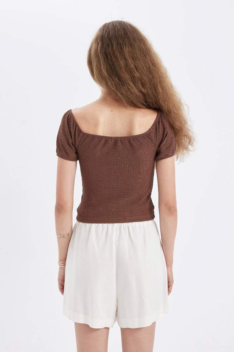 Fitted Off Shoulder Crepe Short Sleeve T-Shirt