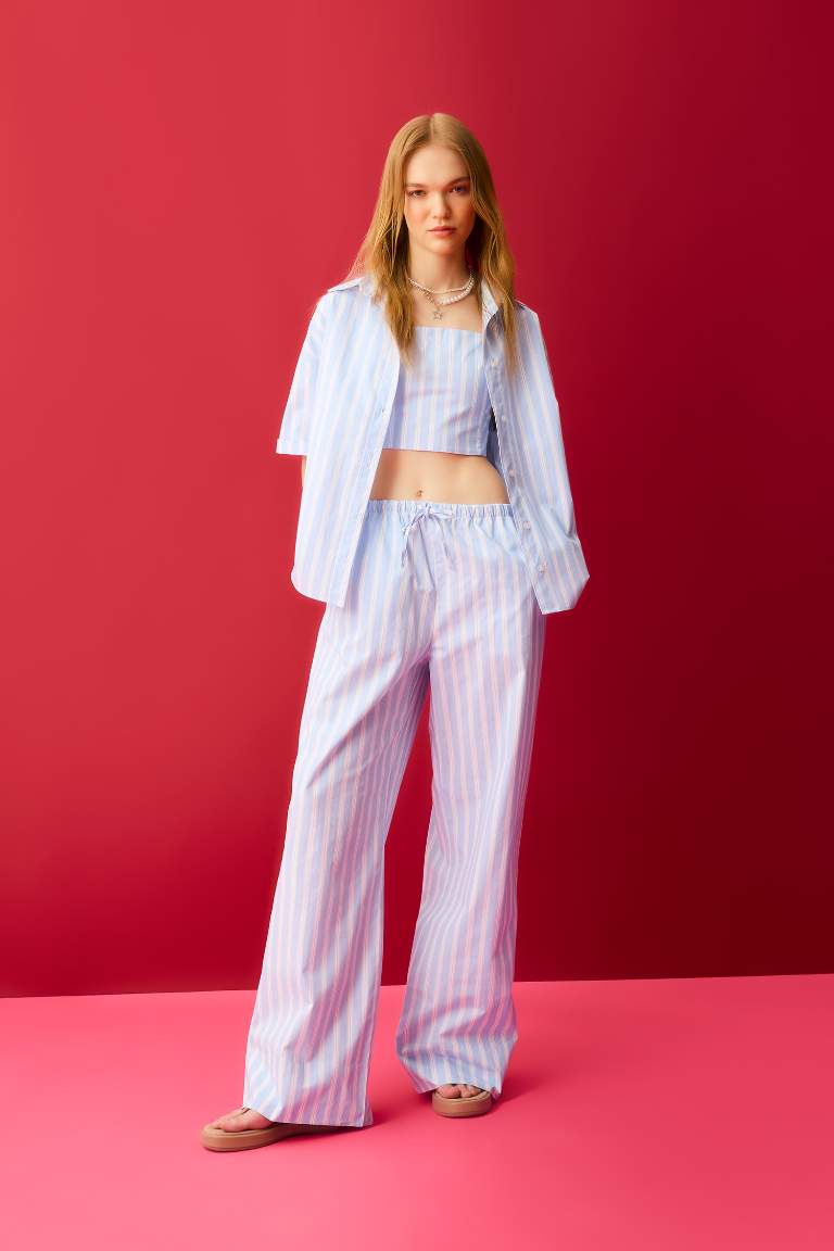 Straight Fit Normal Waist Poplin Striped Trousers