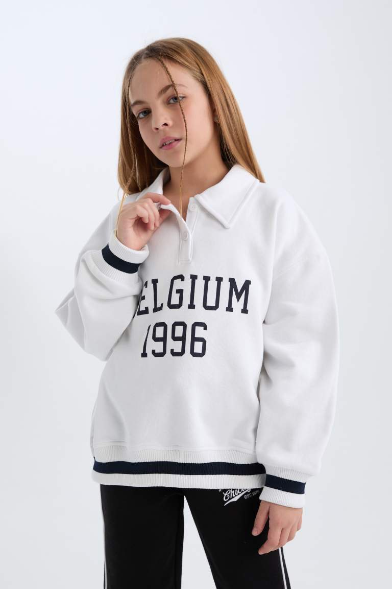 Girl Oversize Fit Pattern Polo Neck Printed Sweatshirt