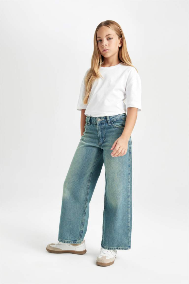 بنطلون جينز بناتي وايد ليج برجل واسع