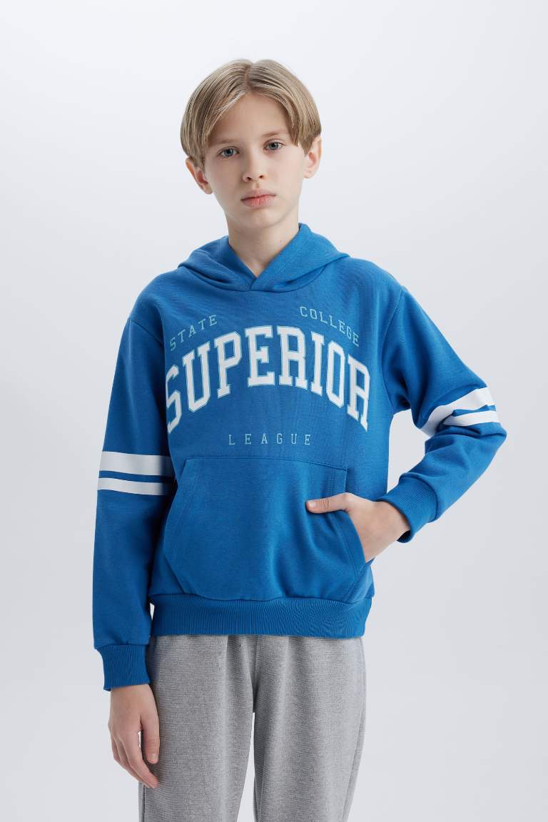 Boy Thick Hooded Printed Sweatshirt Sweatpants 2 Piece Set