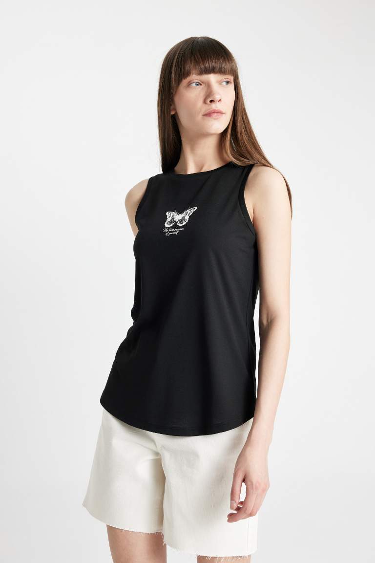 Regular Fit Printed Crew Neck Sleeveless T-Shirt