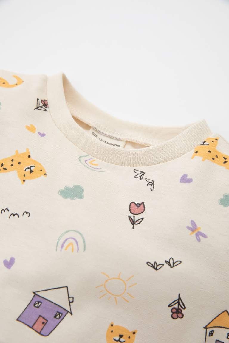 Kız Bebek Pijama Takım Desenli Penye Uzun Kollu Üst Beli Lastikli Uzun Alt