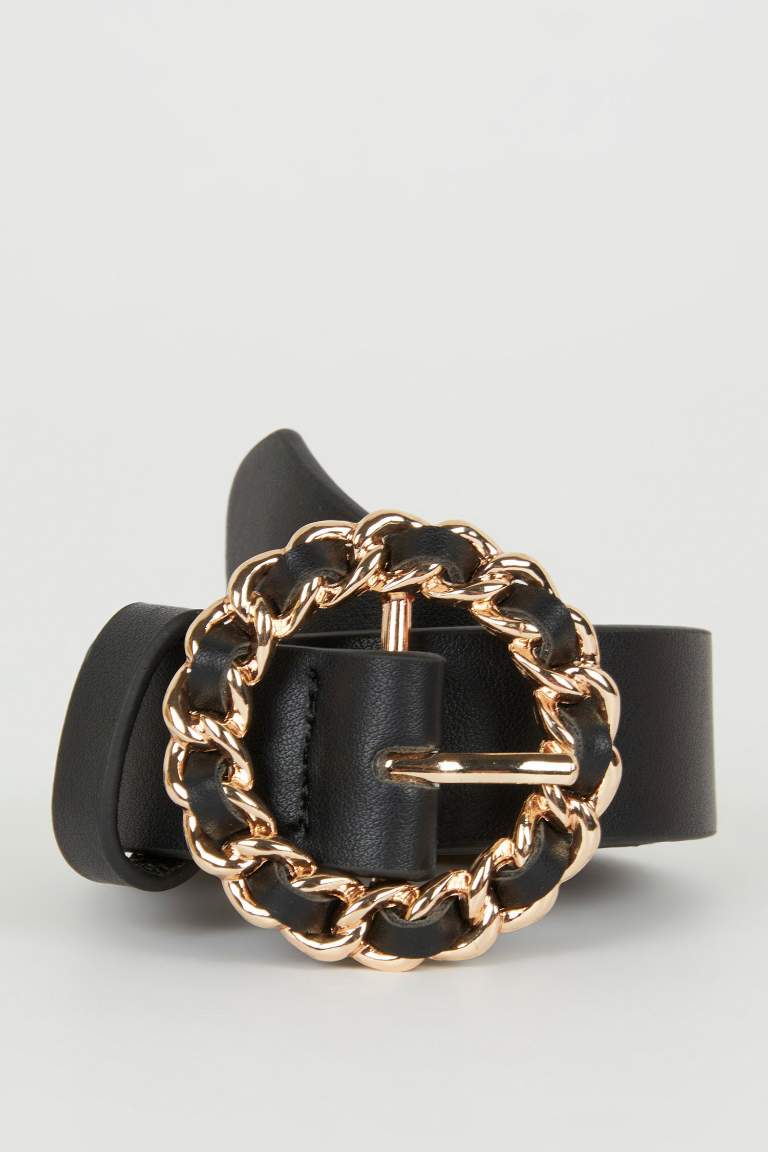 Woman Chain Detailed Faux Leather Belt