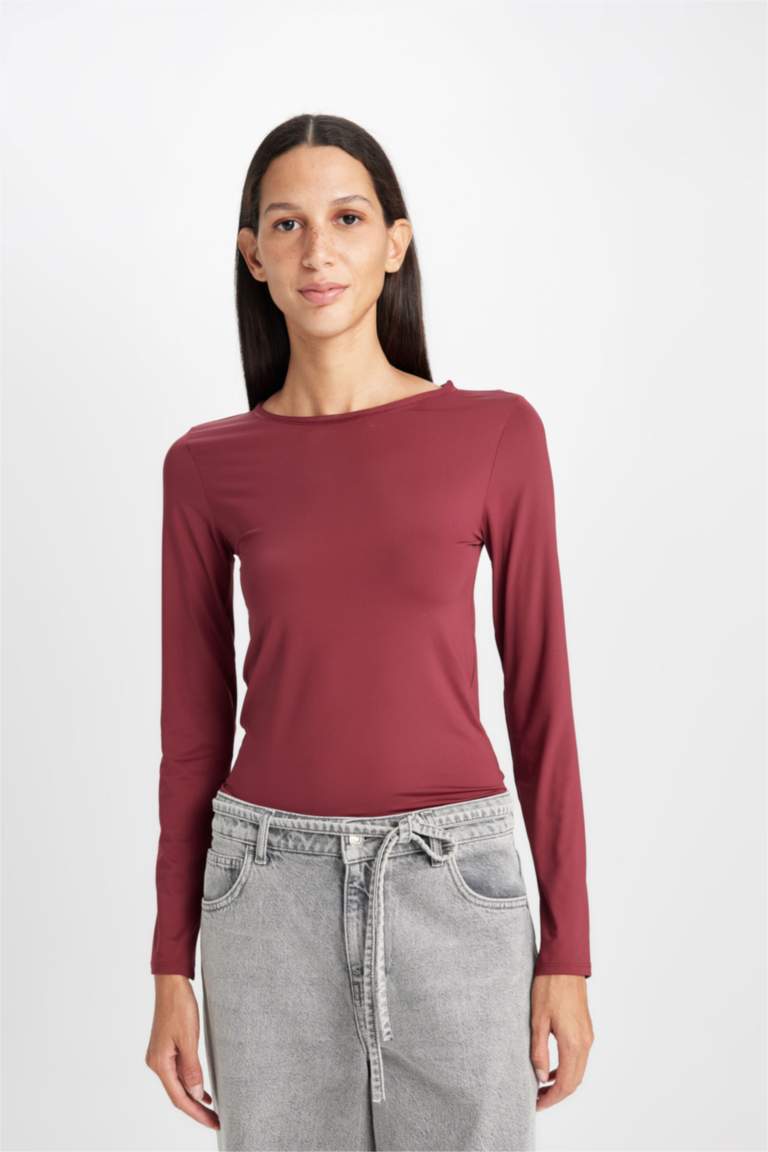 Slim Fit Dar Kesim Bisiklet Yaka Basic Düz Uzun Kollu Tişört