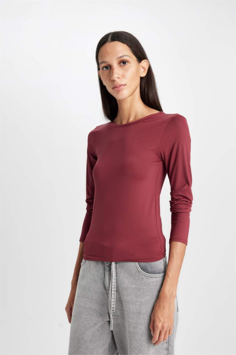 Slim Fit Dar Kesim Bisiklet Yaka Basic Düz Uzun Kollu Tişört