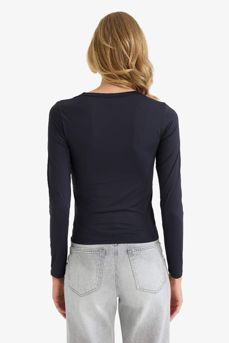 Slim Fit Dar Kesim Bisiklet Yaka Basic Düz Uzun Kollu Tişört