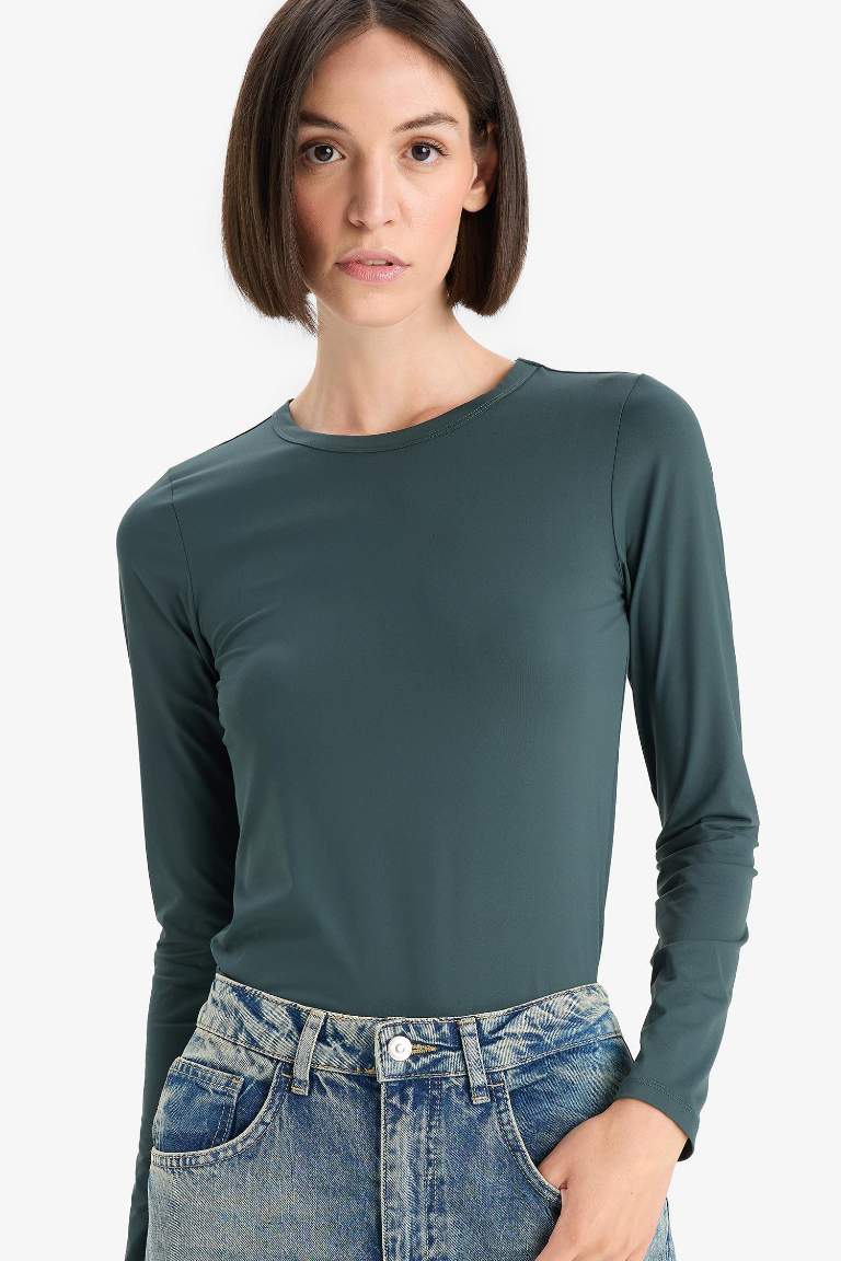 Slim Fit Dar Kesim Bisiklet Yaka Basic Düz Uzun Kollu Tişört
