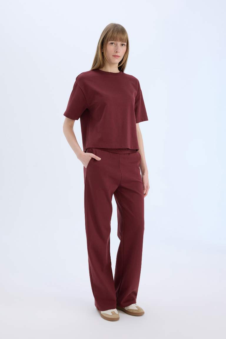 Elastic Waist Pocket Basic Burgundy Wide Leg Sweatpants