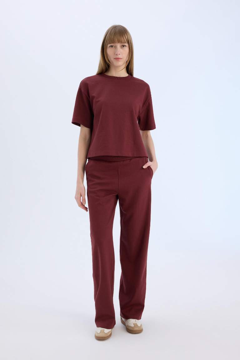 Elastic Waist Pocket Basic Burgundy Wide Leg Sweatpants