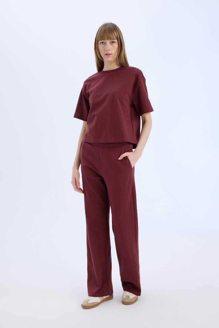 Elastic Waist Pocket Basic Burgundy Wide Leg Sweatpants