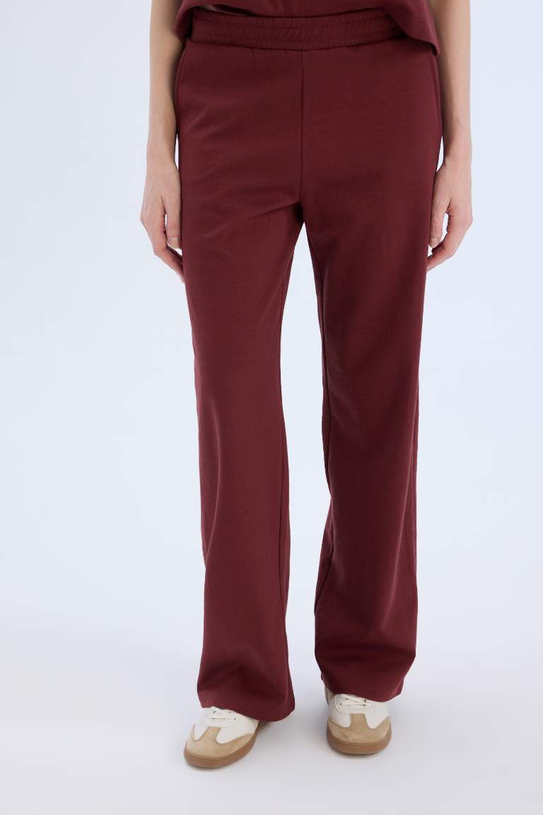 Elastic Waist Pocket Basic Burgundy Wide Leg Sweatpants