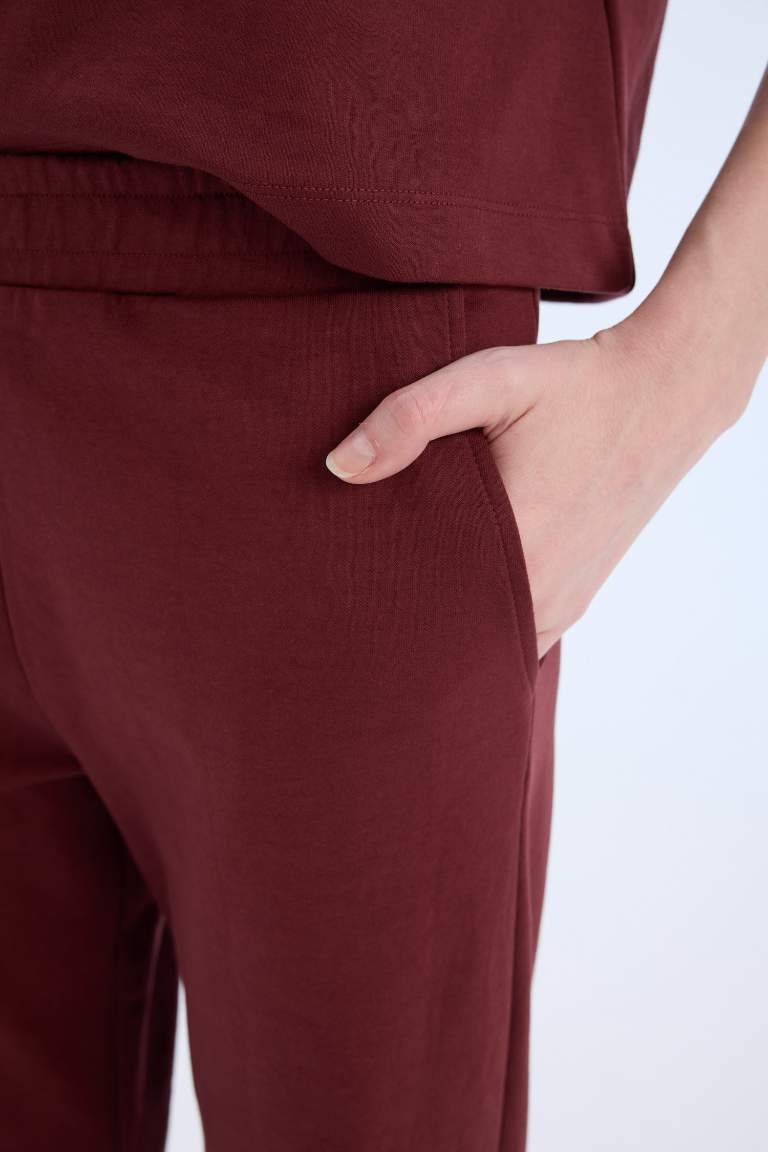 Elastic Waist Pocket Basic Burgundy Wide Leg Sweatpants