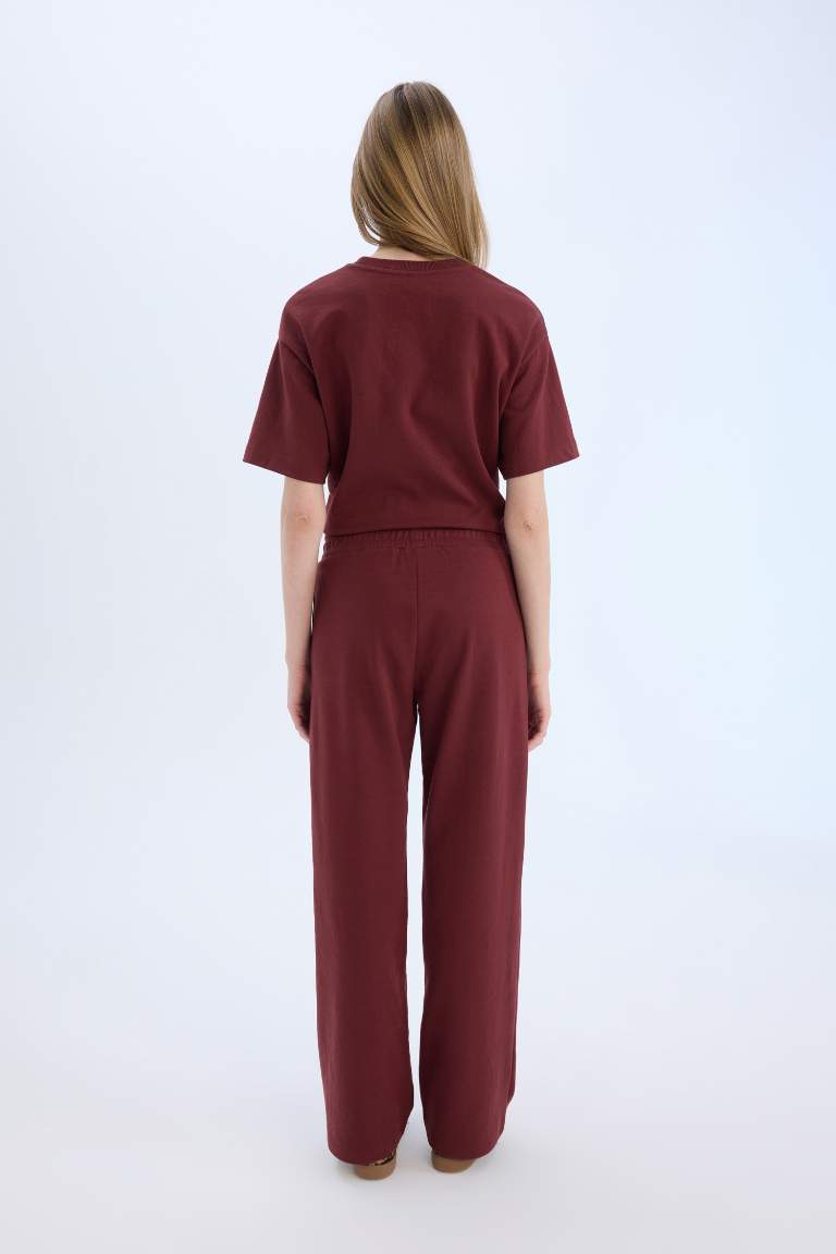 Elastic Waist Pocket Basic Burgundy Wide Leg Sweatpants