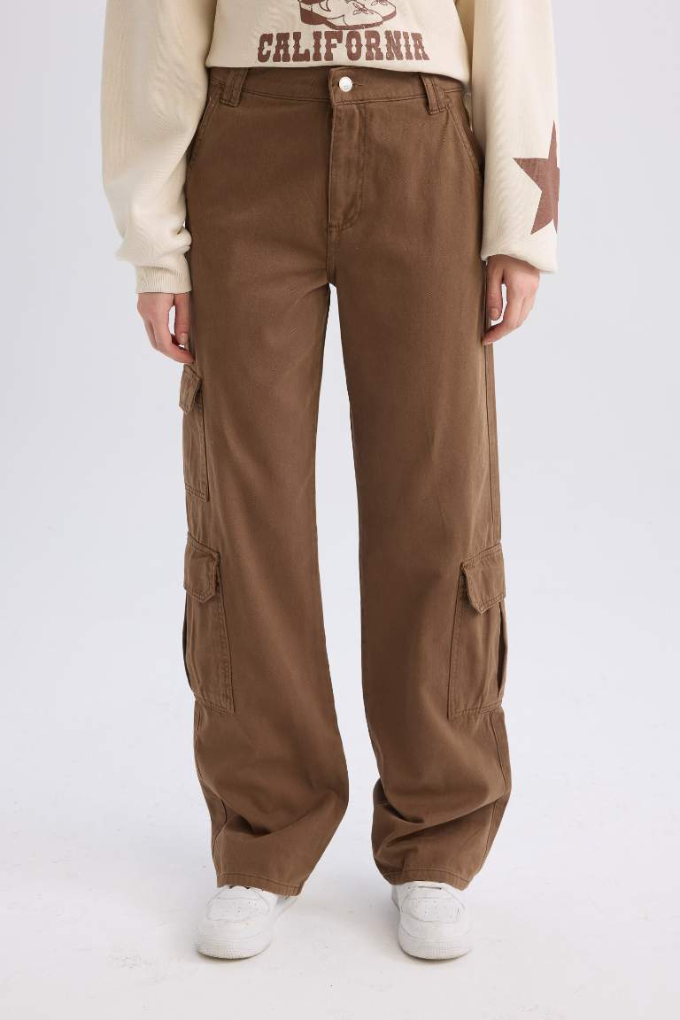 Pantalon Cargo en Gabardine droit avec Poches à Taille normale