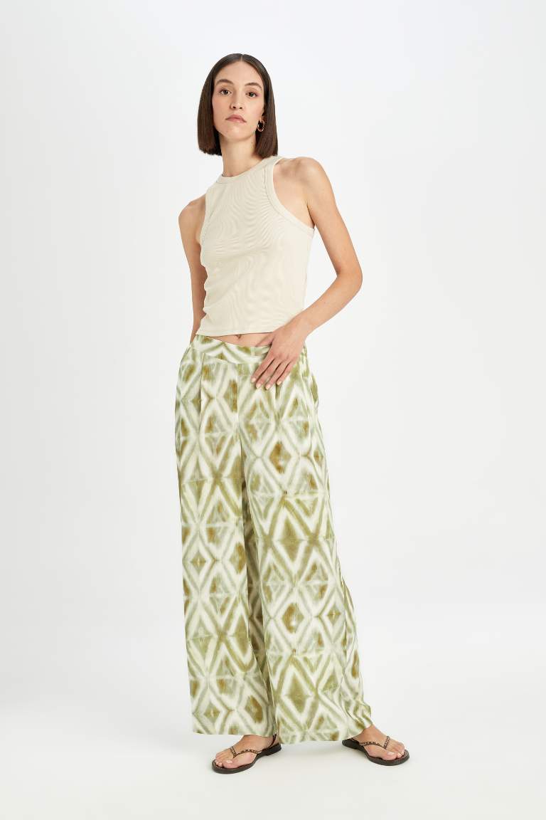 Relax Fit Pocketed Wide Leg Crinkle Viscose Trousers