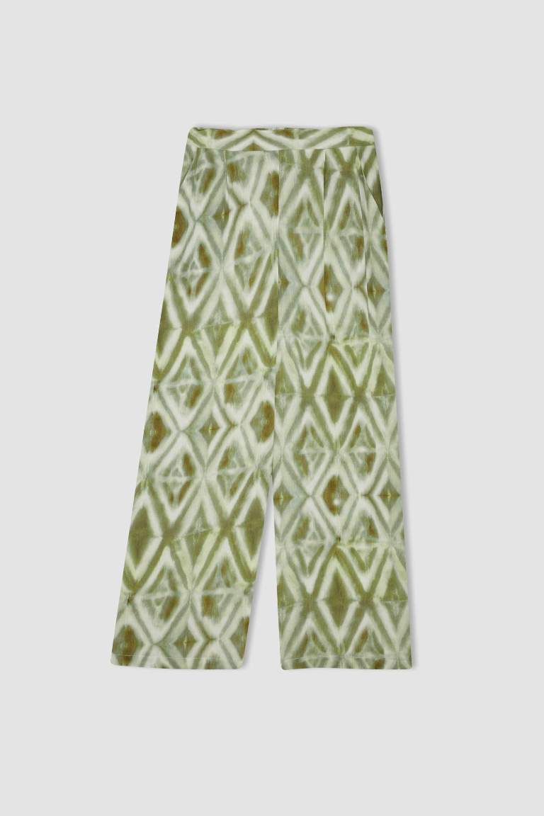 Relax Fit Viskon Kumaş Pantolon Desenli Cepli Geniş Paça Krinkıl