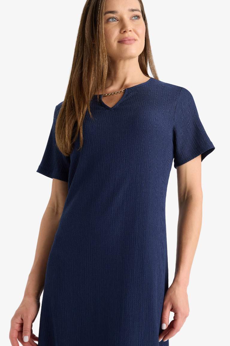 Regular Fit Apaş Yaka Basic Düz Bürümcük Kısa Kollu Midi Elbise
