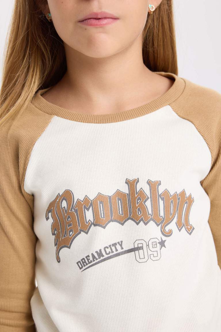 Girl Crew Neck Slogan Printed Ribbed Crop T-Shirt