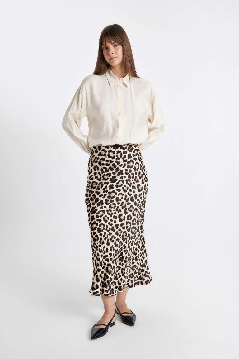 A Kesim Leopar Desenli Saten Maxi Etek