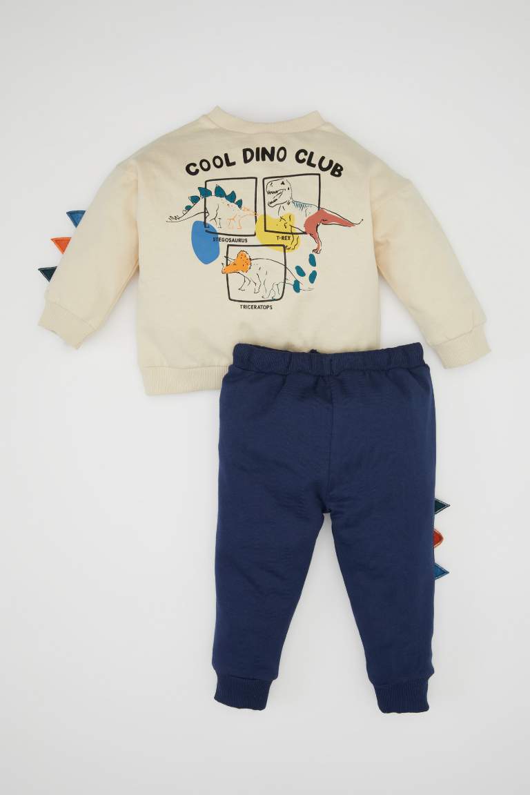 Erkek Bebek 2'li Takım 3D Dinozor Baskılı Bisiklet Yaka Sweatshirt Beli Lastikli Jogger Eşofman Altı