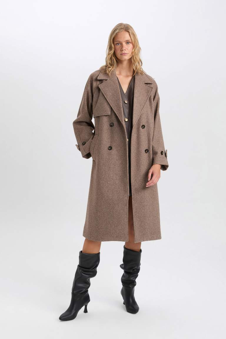 Regular Fit Uzun Kaşe Kaba Ceket Yaka Düğmeli Cepli Apoletli Kemerli