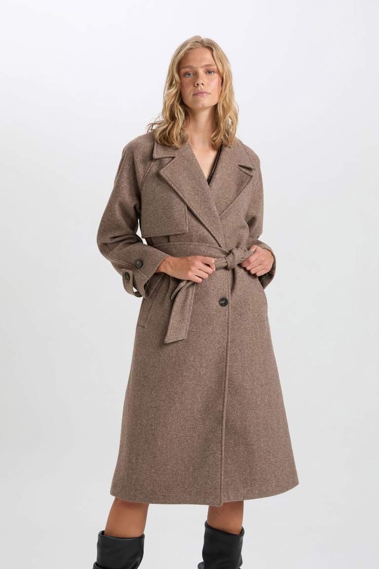 Regular Fit Uzun Kaşe Kaba Ceket Yaka Düğmeli Cepli Apoletli Kemerli