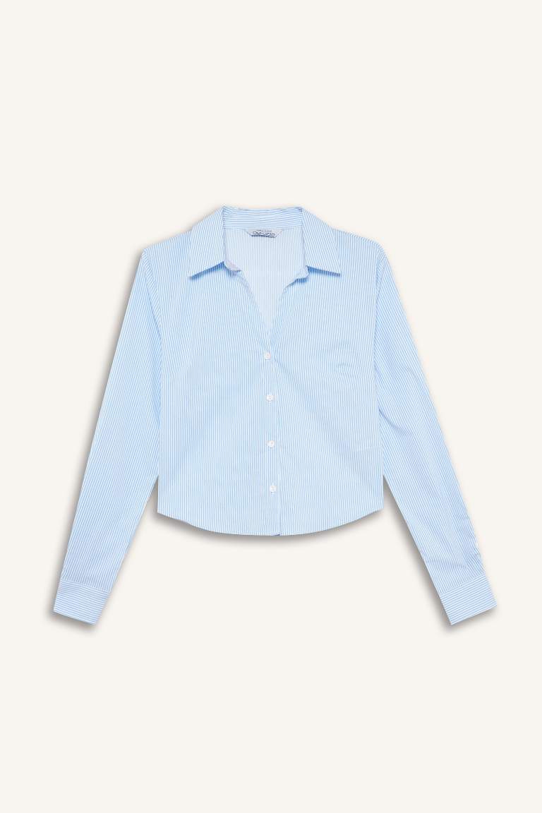 Fitted Basic Düz Bengalin Uzun Kollu Gömlek