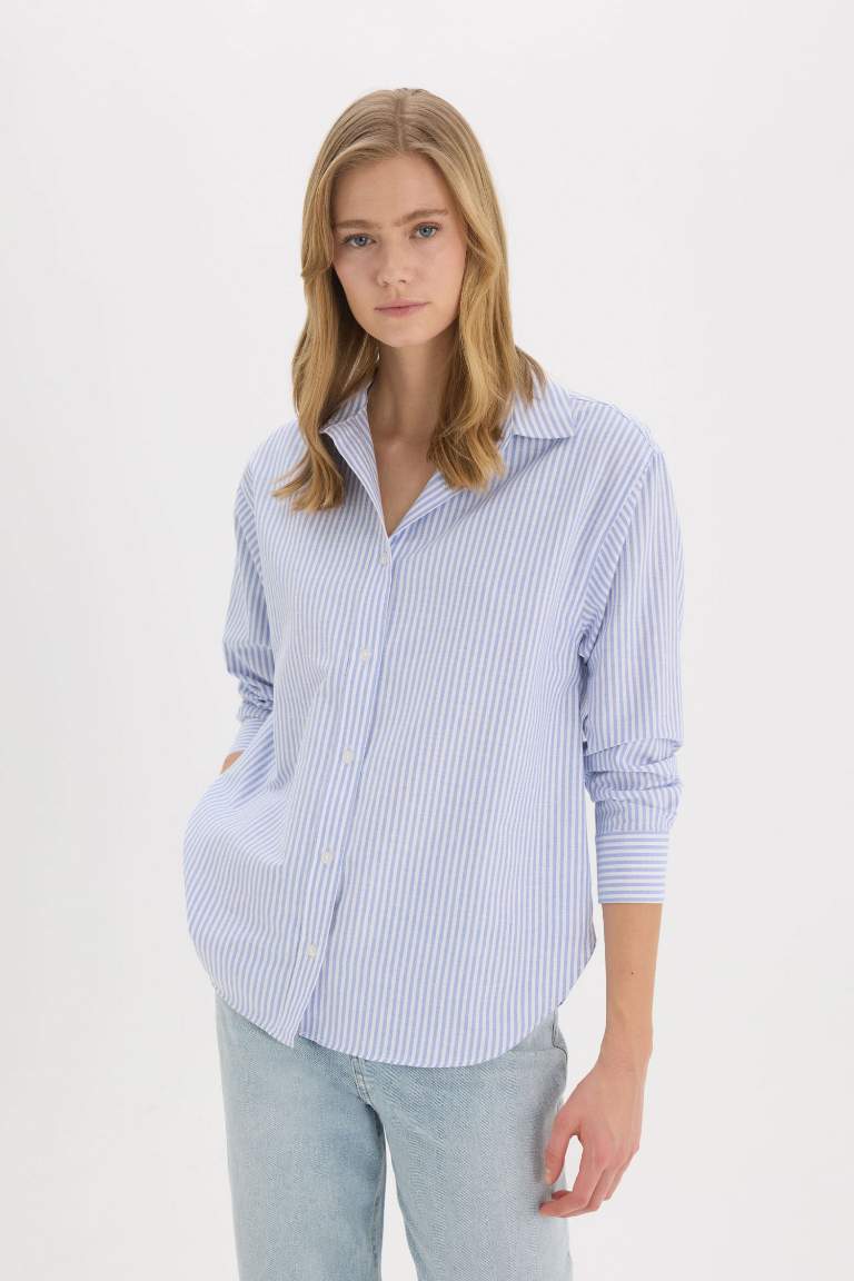 Oversize Fit Shirt Collar Oxford Striped Long Sleeve Shirt