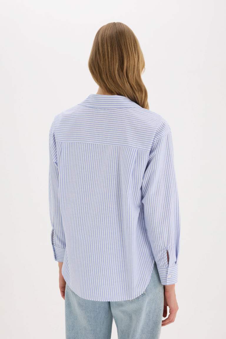 Oversize Fit Shirt Collar Oxford Striped Long Sleeve Shirt