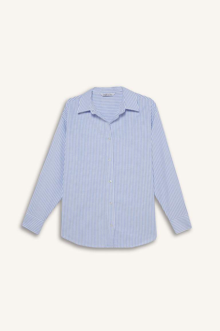 Oversize Fit Shirt Collar Oxford Striped Long Sleeve Shirt