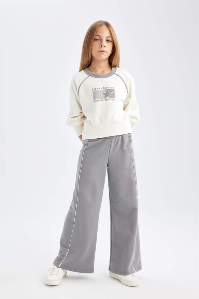 Kız Çocuk 2'li Takım Baskılı Sweatshirt Beli Lastikli Geniş Paça Eşofman Altı