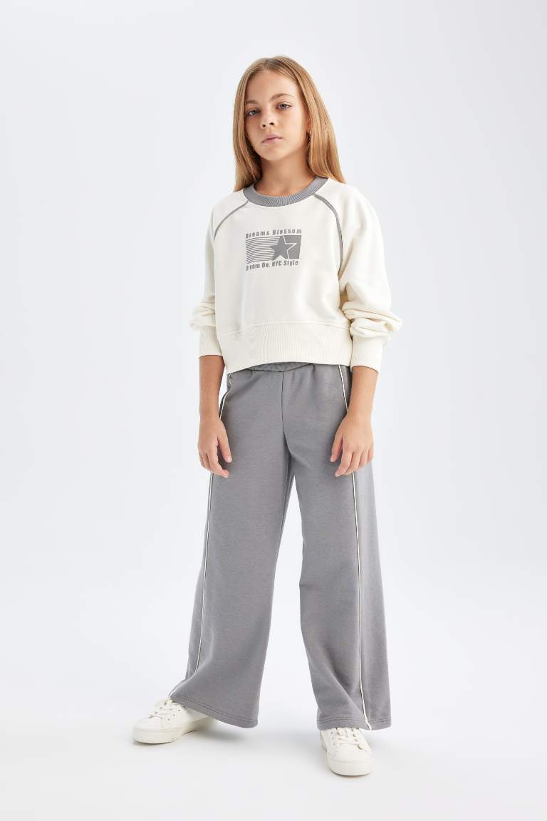 Kız Çocuk 2'li Takım Baskılı Sweatshirt Beli Lastikli Geniş Paça Eşofman Altı