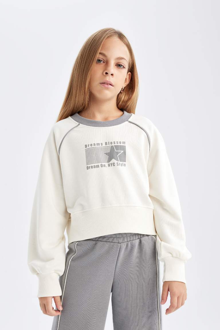 Kız Çocuk 2'li Takım Baskılı Sweatshirt Beli Lastikli Geniş Paça Eşofman Altı