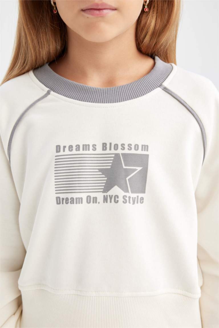 Kız Çocuk 2'li Takım Baskılı Sweatshirt Beli Lastikli Geniş Paça Eşofman Altı