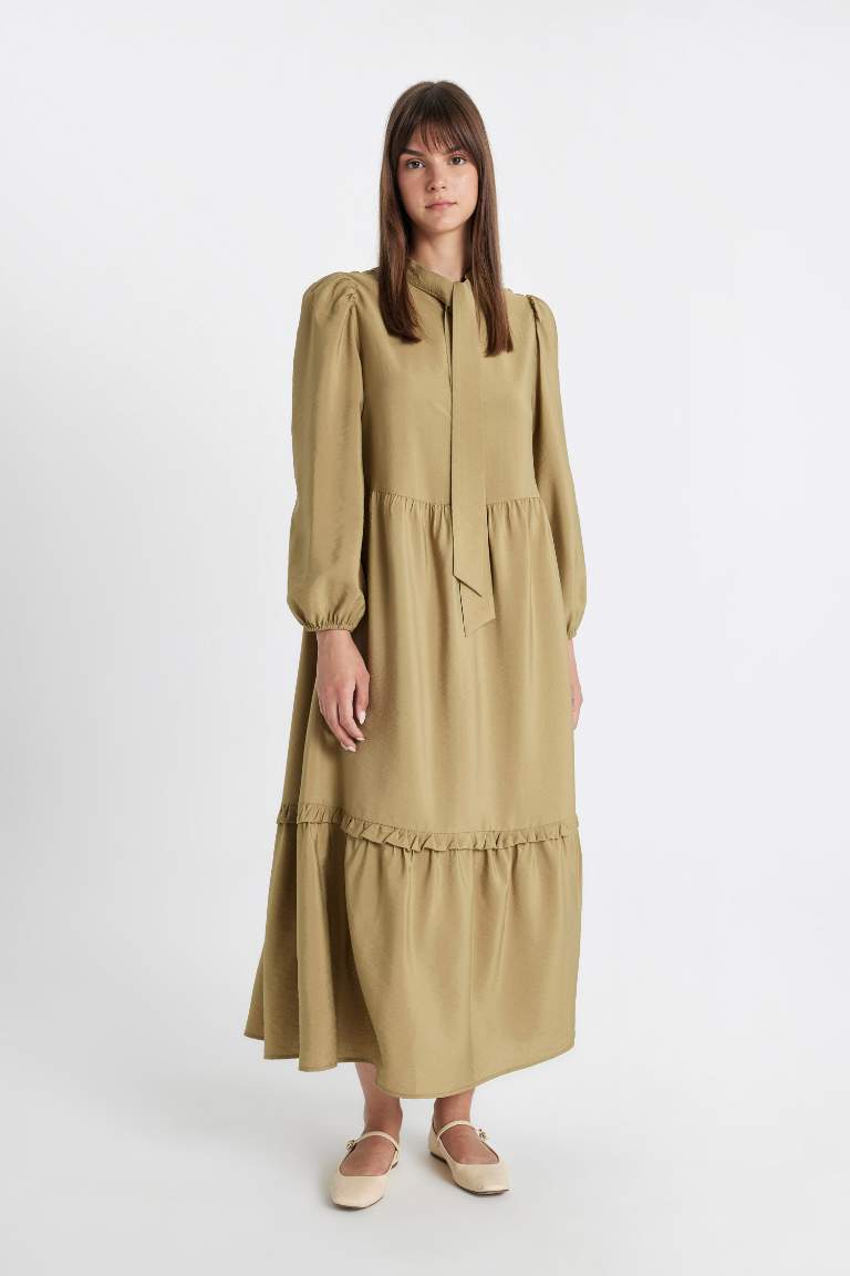 Bow Neck Long Sleeve Maxi Dress