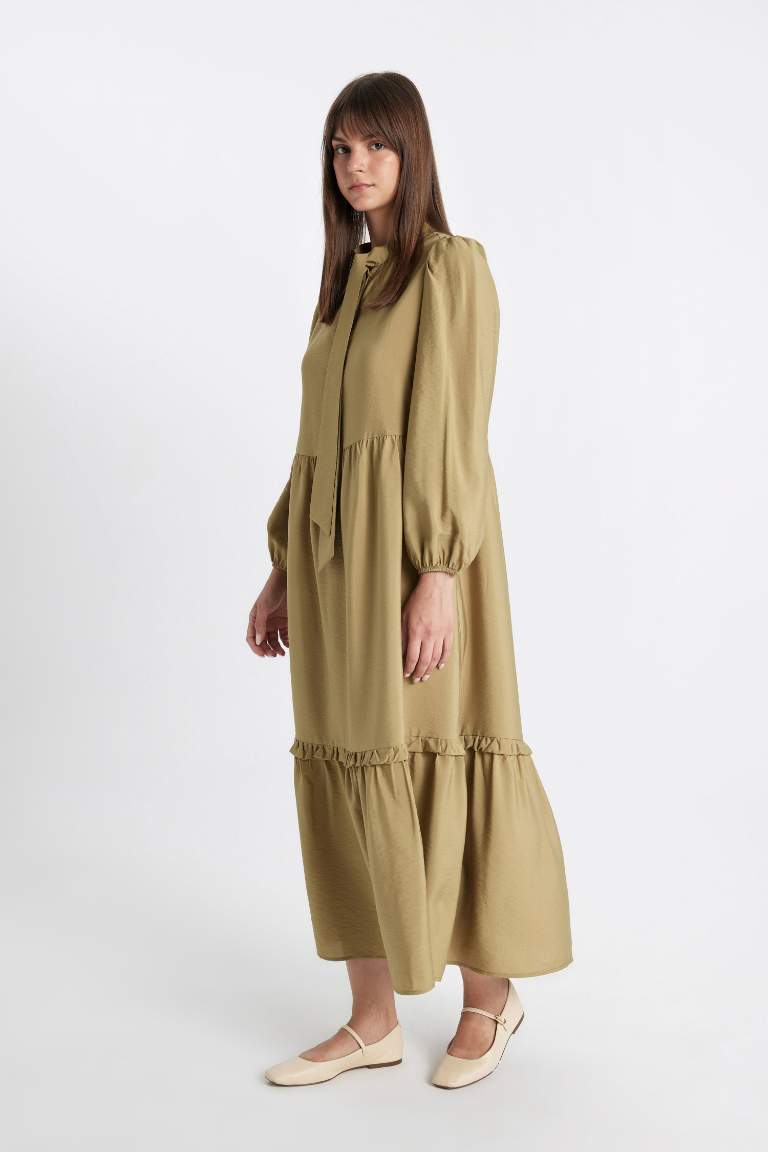Bow Neck Long Sleeve Maxi Dress