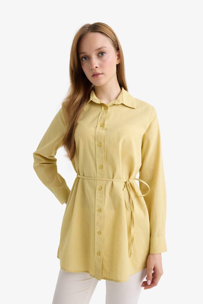 Regular Fit Poplin Bağlamalı Uzun Kollu Gömlek Tunik