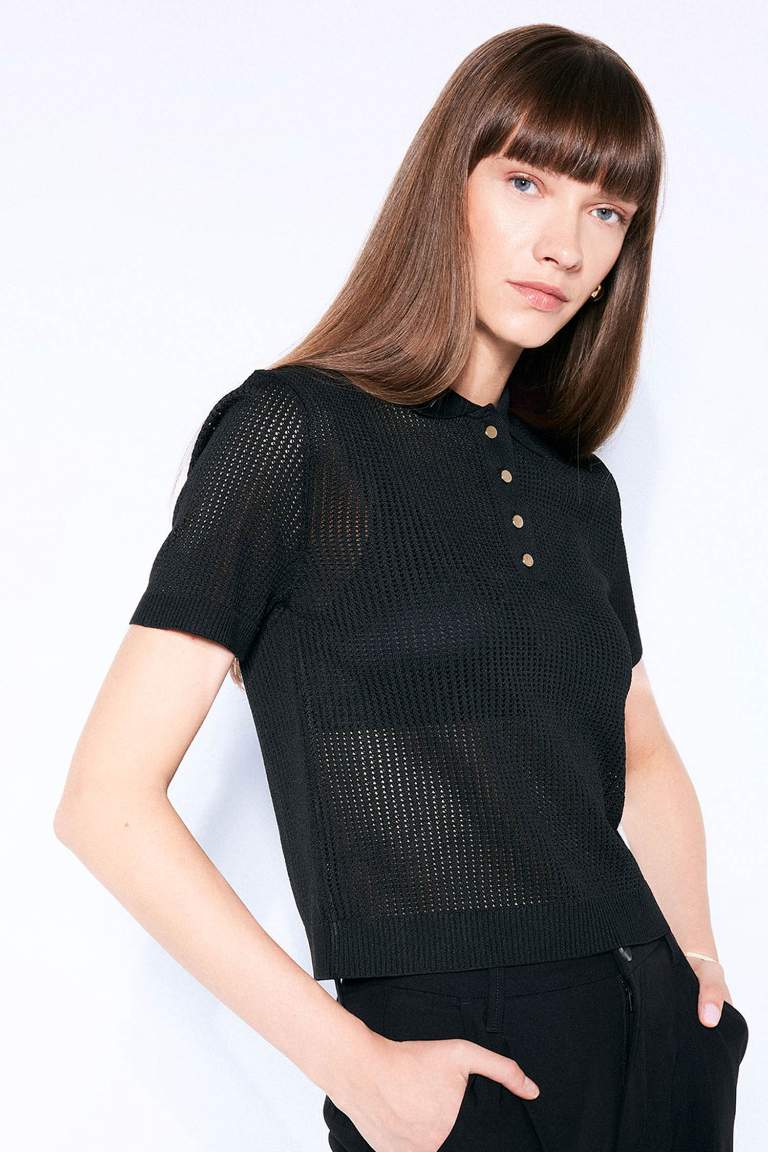 Regular Fit Openwork Polo Collar Black Knitted Pullover