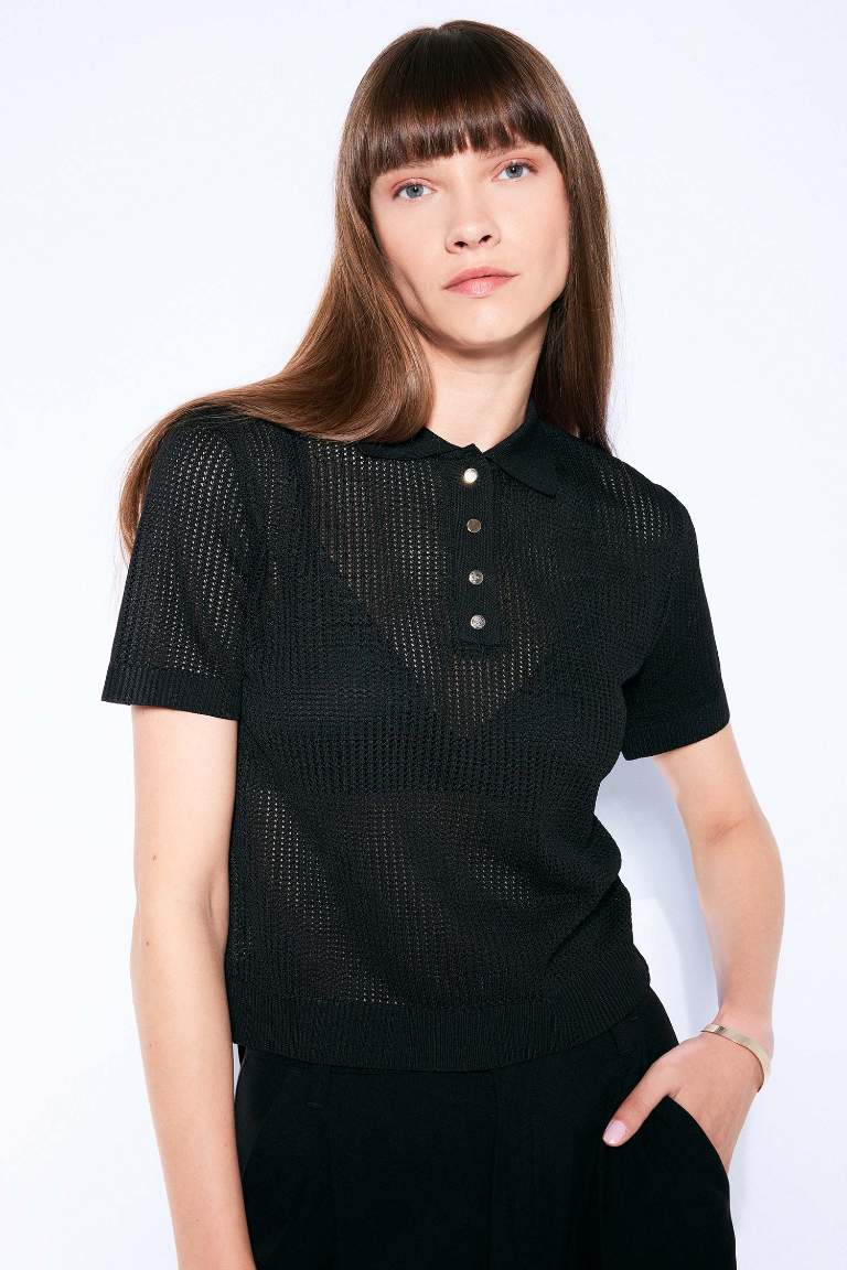 Regular Fit Openwork Polo Collar Black Knitted Pullover