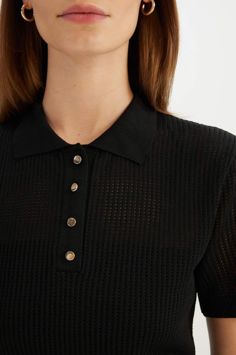 Regular Fit Openwork Polo Collar Black Knitted Pullover