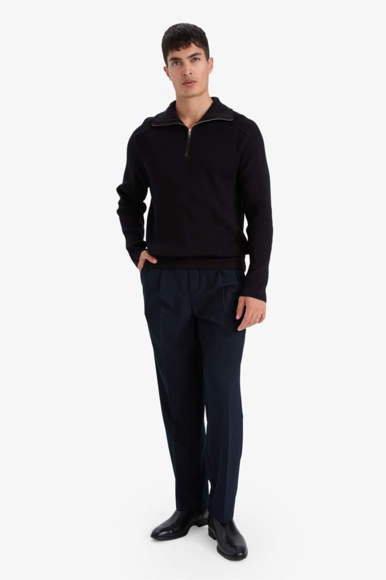 Standart Fit Balıkçı Yaka Yarım Fermuarlı Triko Kazak