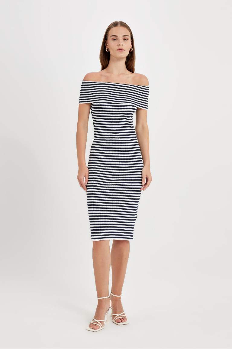 Fitted Striped Open Shoulder Ribbed Midi Dress