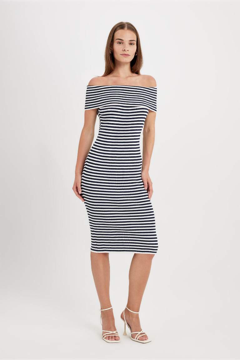 Fitted Striped Open Shoulder Ribbed Midi Dress