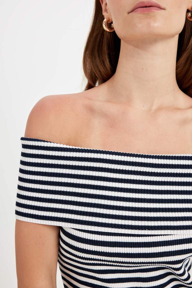 Fitted Striped Open Shoulder Ribbed Midi Dress