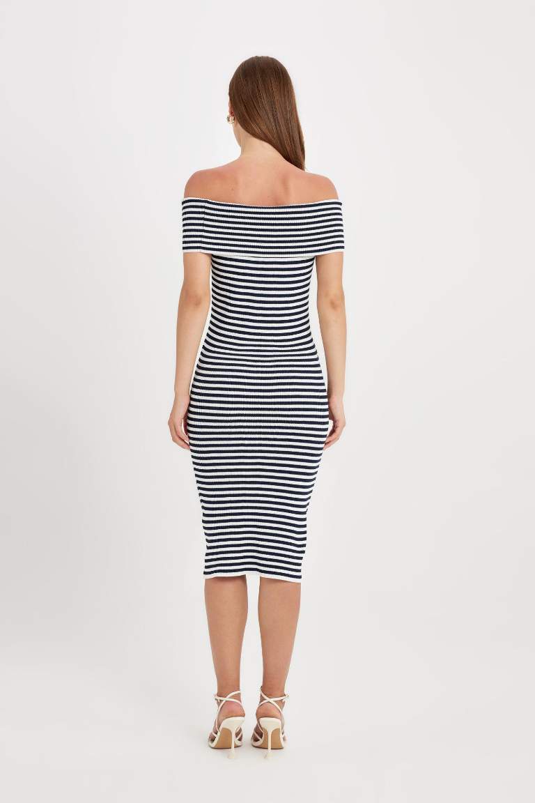 Fitted Striped Open Shoulder Ribbed Midi Dress