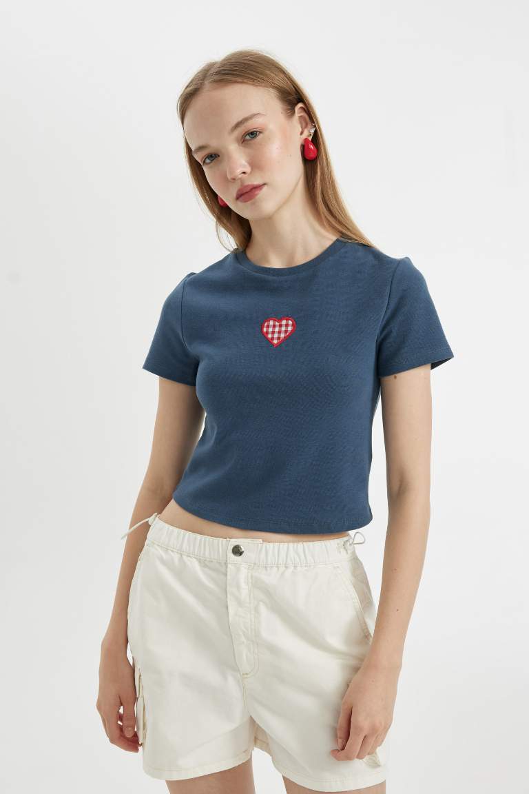 Fitted Embroidery Print Heart Pattern Ribbed T-Shirt